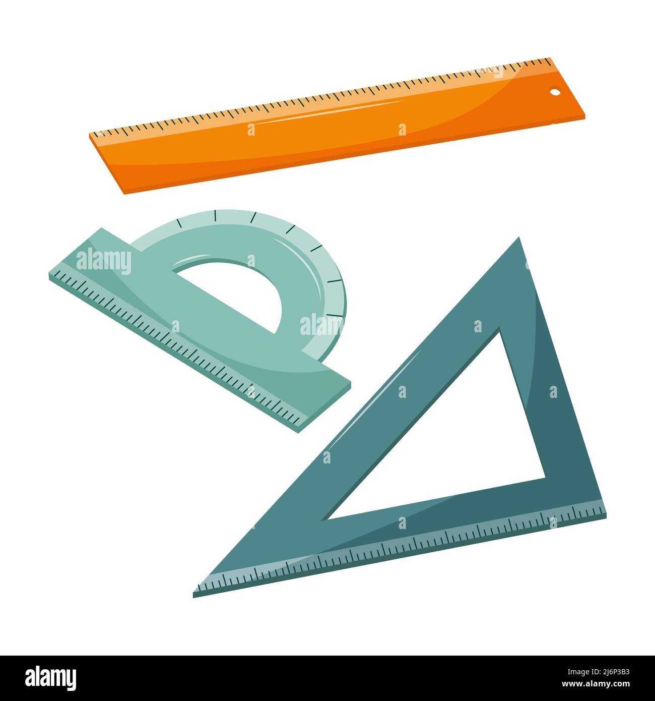 Una serie di linee scolastiche. Righello, angolo e goniometro. Forniture per ufficio per disegni. Forniture scolastiche. Illustrazione vettoriale a colori. Stile piatto. Mano - Illustrazione Vettoriale