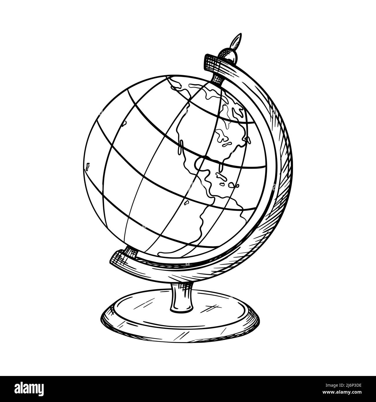 Schizzo di un globo scolastico su uno stand. La mappa mostra Sud e Nord America. Elemento per l'educazione e lo studio della geografia. Disegnato a mano e isolato Illustrazione Vettoriale