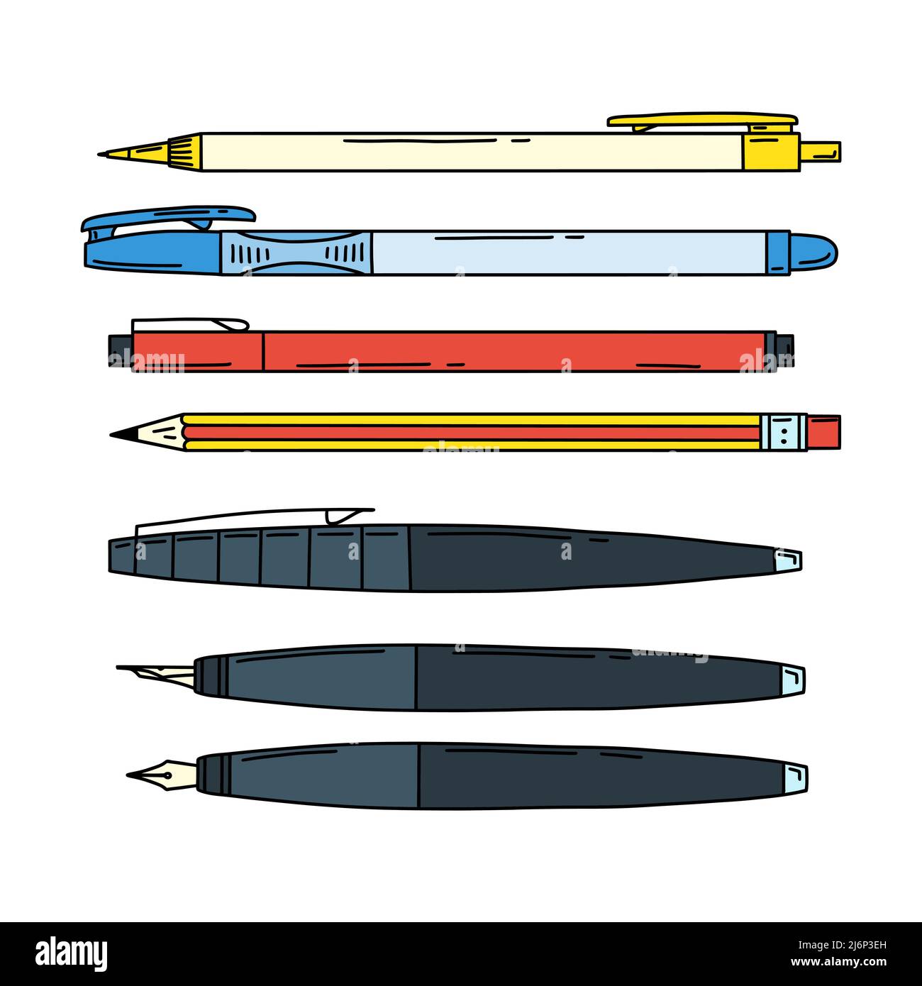 Set di penne, matite automatiche e regolari, penna per calligrafia. Cancelleria per scrittura e disegno. Forniture scolastiche. Illustrazione vettoriale a colori. Doodle st Illustrazione Vettoriale