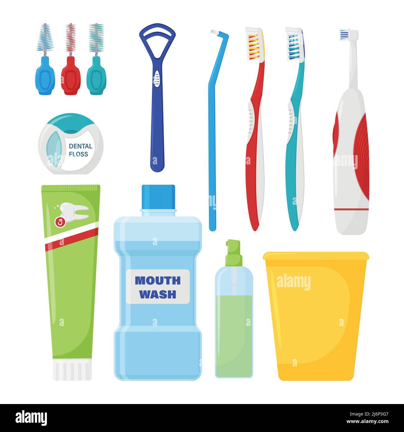 Il set di articoli per l'igiene quotidiana della cavità orale. Forniture per la cura dentale. Stile di vita sano. Routine mattutina. Una collezione di elementi piatti i Illustrazione Vettoriale