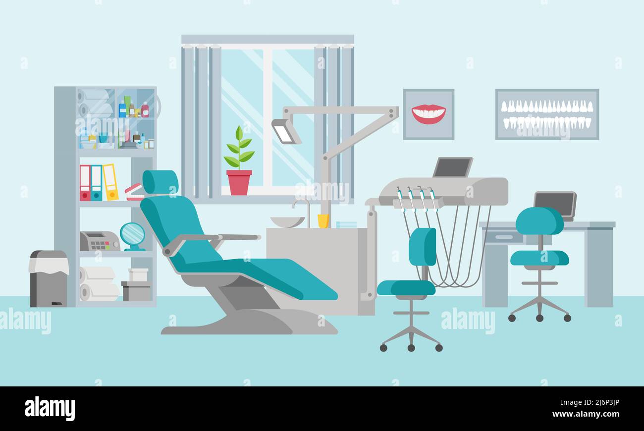 Concetto di riunito dentale con sedia regolabile, lampada, ripiano, lavello e finestra. Ufficio medico in uno stile piatto. Interni e attrezzature moderne nel Illustrazione Vettoriale