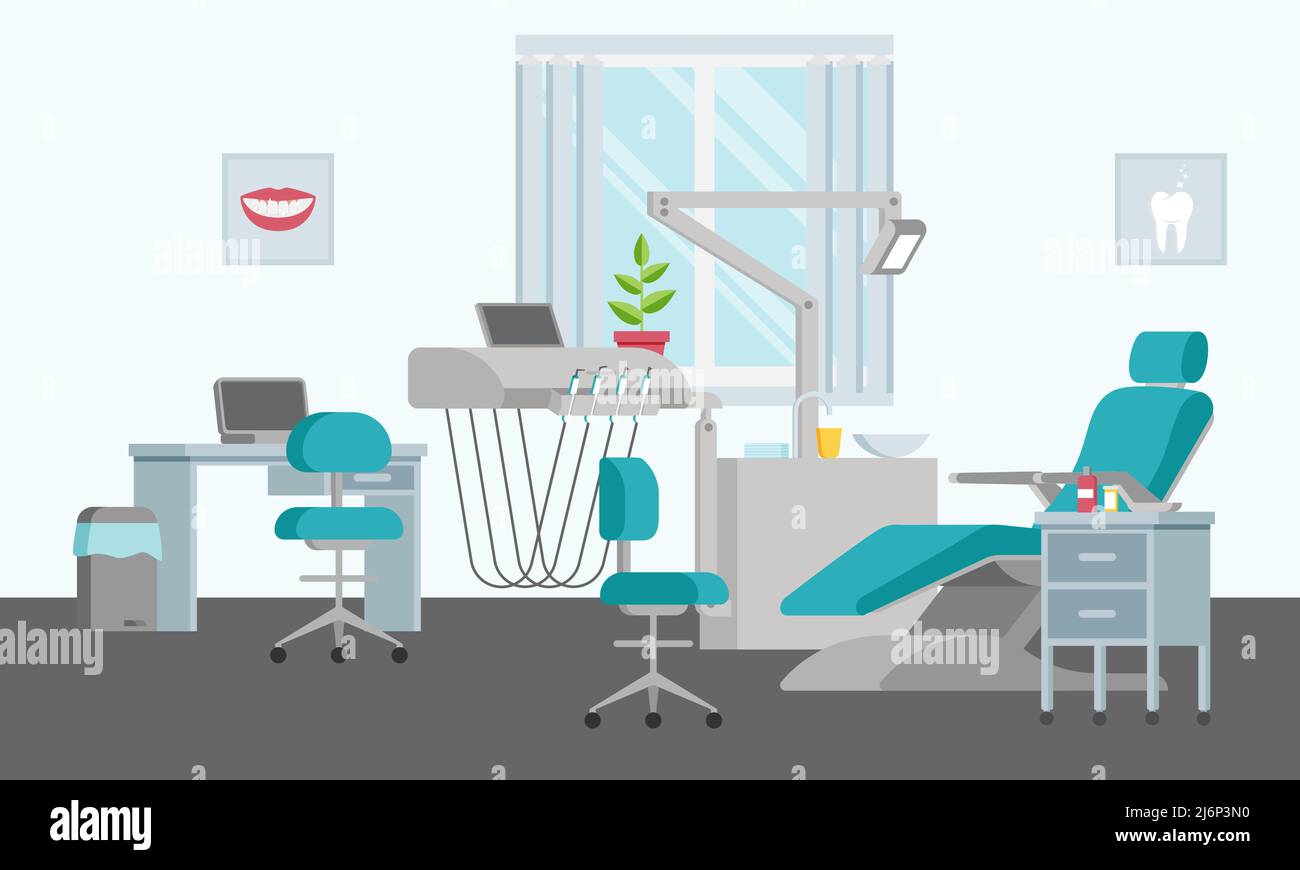 Concetto di riunito dentale con sedia regolabile, lampada, ripiano, lavello e finestra. Ufficio medico in uno stile piatto. Interni e attrezzature moderne nel Illustrazione Vettoriale