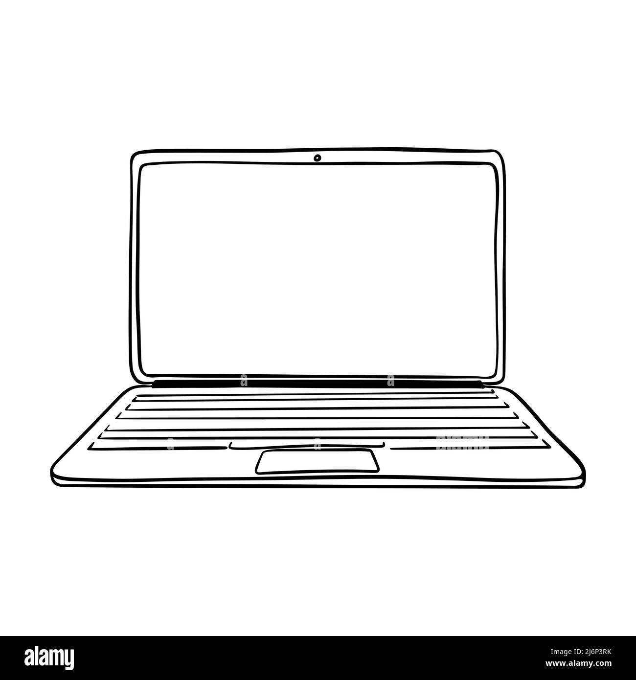 Il notebook dello schizzo.un computer portatile aperto con uno spazio vuoto per il testo sullo schermo. Vista frontale. Stile incisione. Dispositivo elettronico. Disegnato a mano e isolato Illustrazione Vettoriale