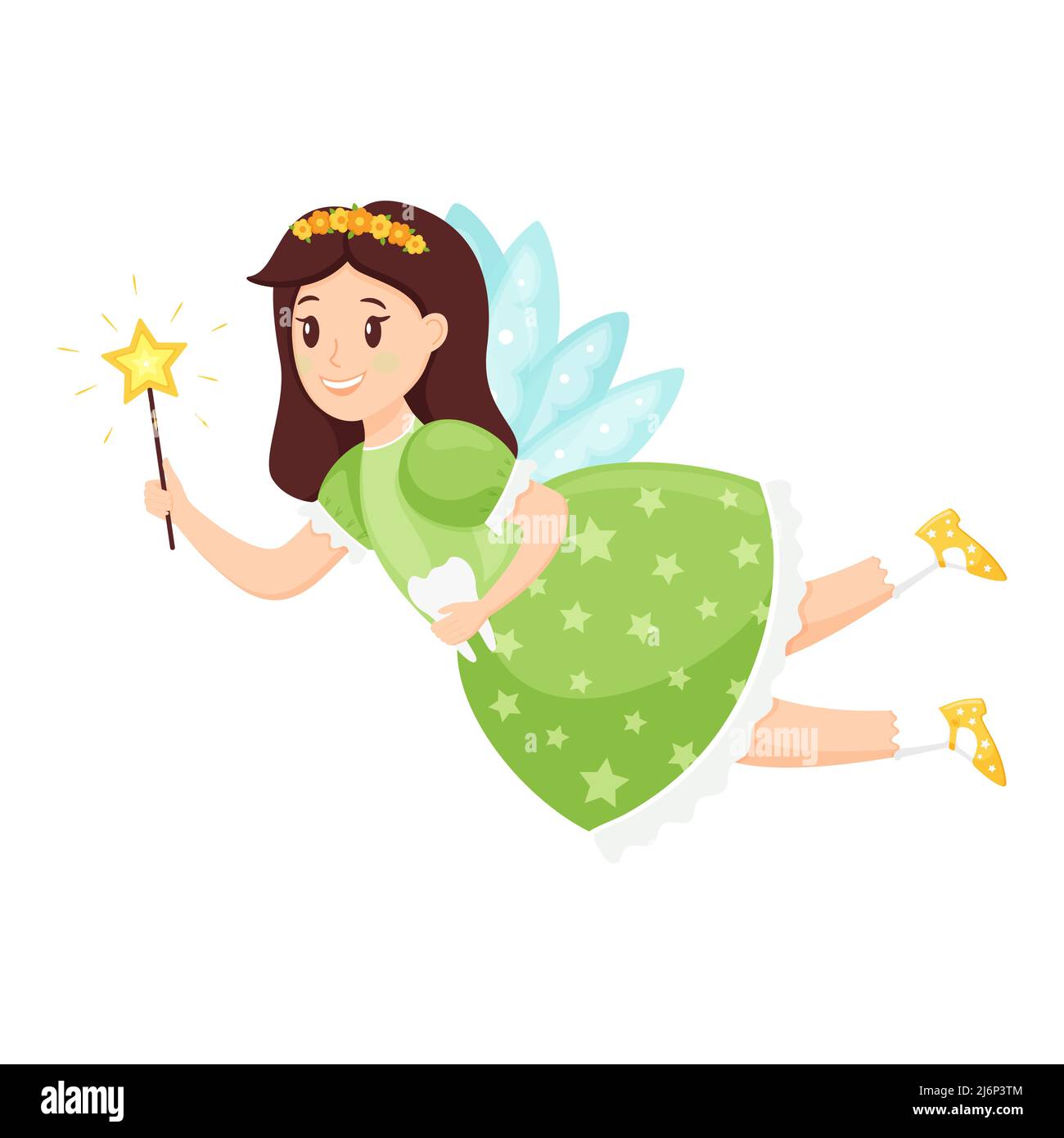 Fata del dente, la principessa con una bacchetta magica ed un dente nelle sue mani che volano su wings.cute il carattere del cartone animato in un vestito è sorridente. Illustrazione vettoriale per Illustrazione Vettoriale
