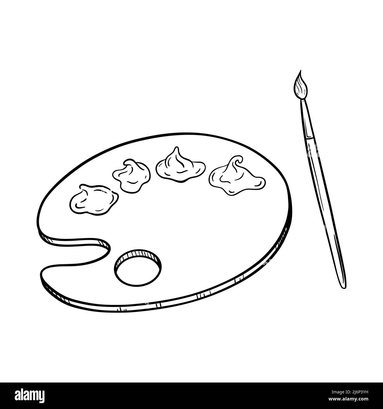 Disegno di una tavolozza rotonda di legno con vernici acriliche liquide e un pennello artistico. Simbolo dell'arte e della creatività. Stile incisione. Disegno a mano e isola Illustrazione Vettoriale