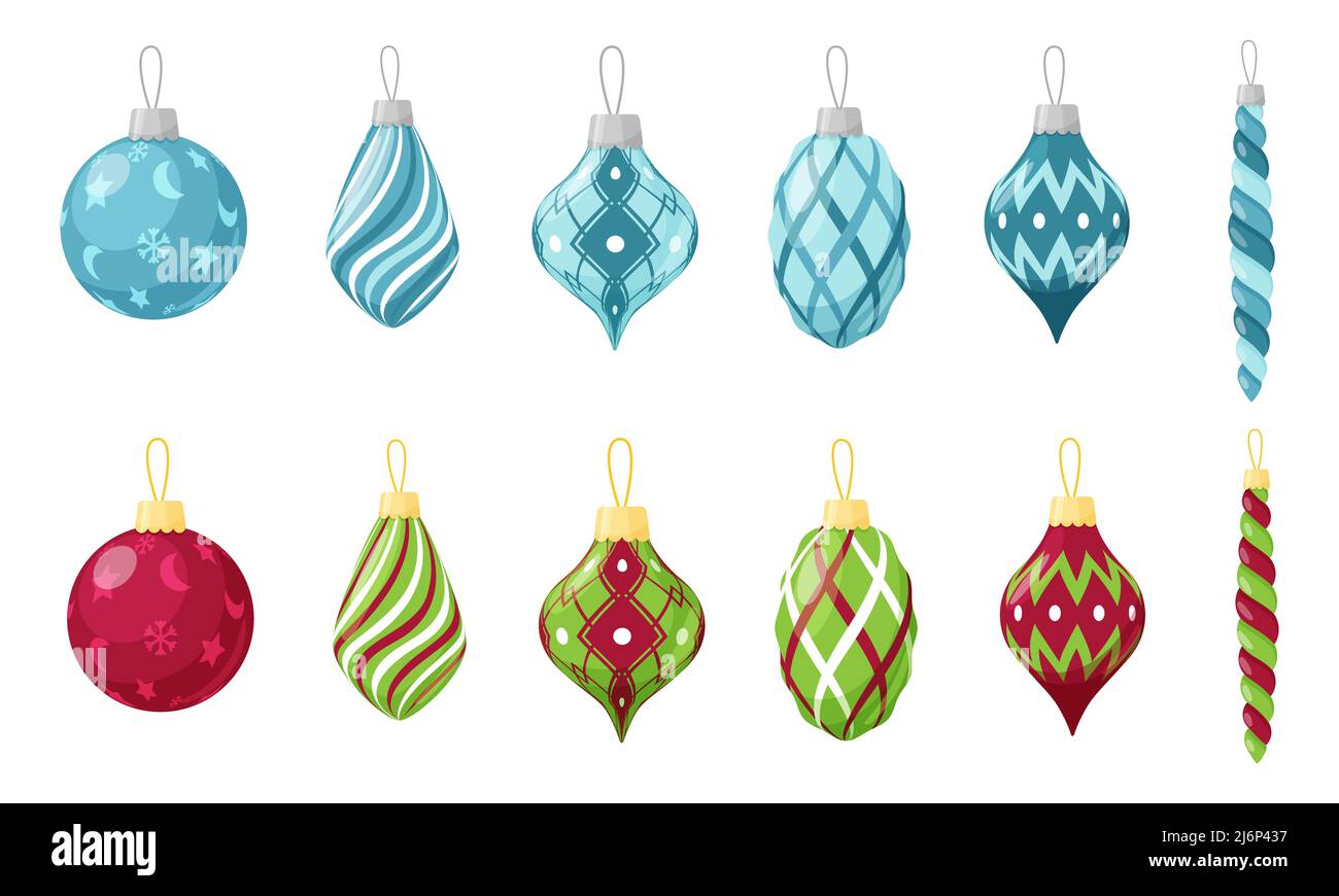 Un set di giocattoli di Natale in stile piatto. Collezione di palloncini per la decorazione dell'albero di Natale. Elementi di disegno per le schede di Natale, i volantini e l'annuncio Illustrazione Vettoriale