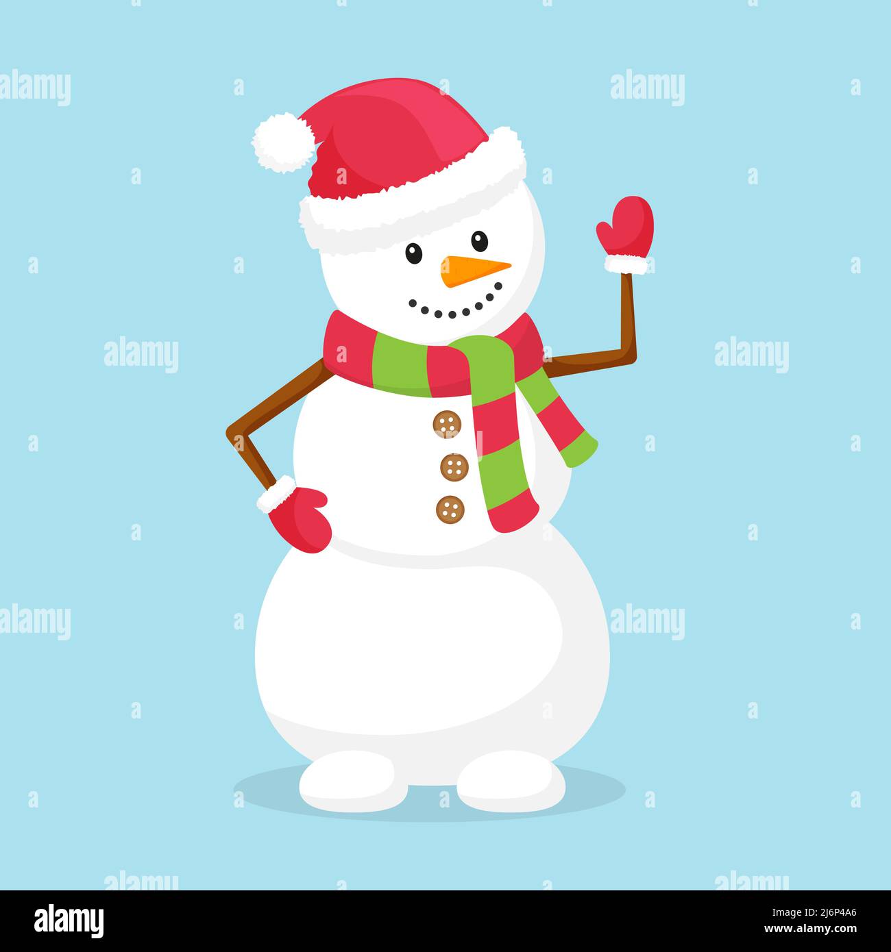 Un pupazzo di neve in una sciarpa, cappello e onde mitrens. Carattere divertente. Elemento di Natale e di nuovo anno di design. Illustrazione vettoriale in stile piatto. Isolato Illustrazione Vettoriale