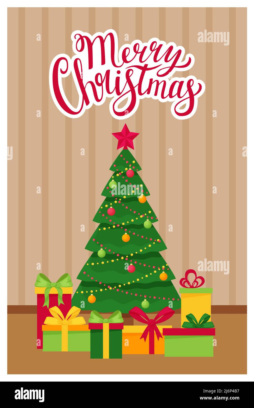 Modello anno nuovo, biglietto di auguri di Natale con le parole Buon Natale. Elegante albero di Natale con scatole regalo in camera. Concetto di una carta in un Illustrazione Vettoriale
