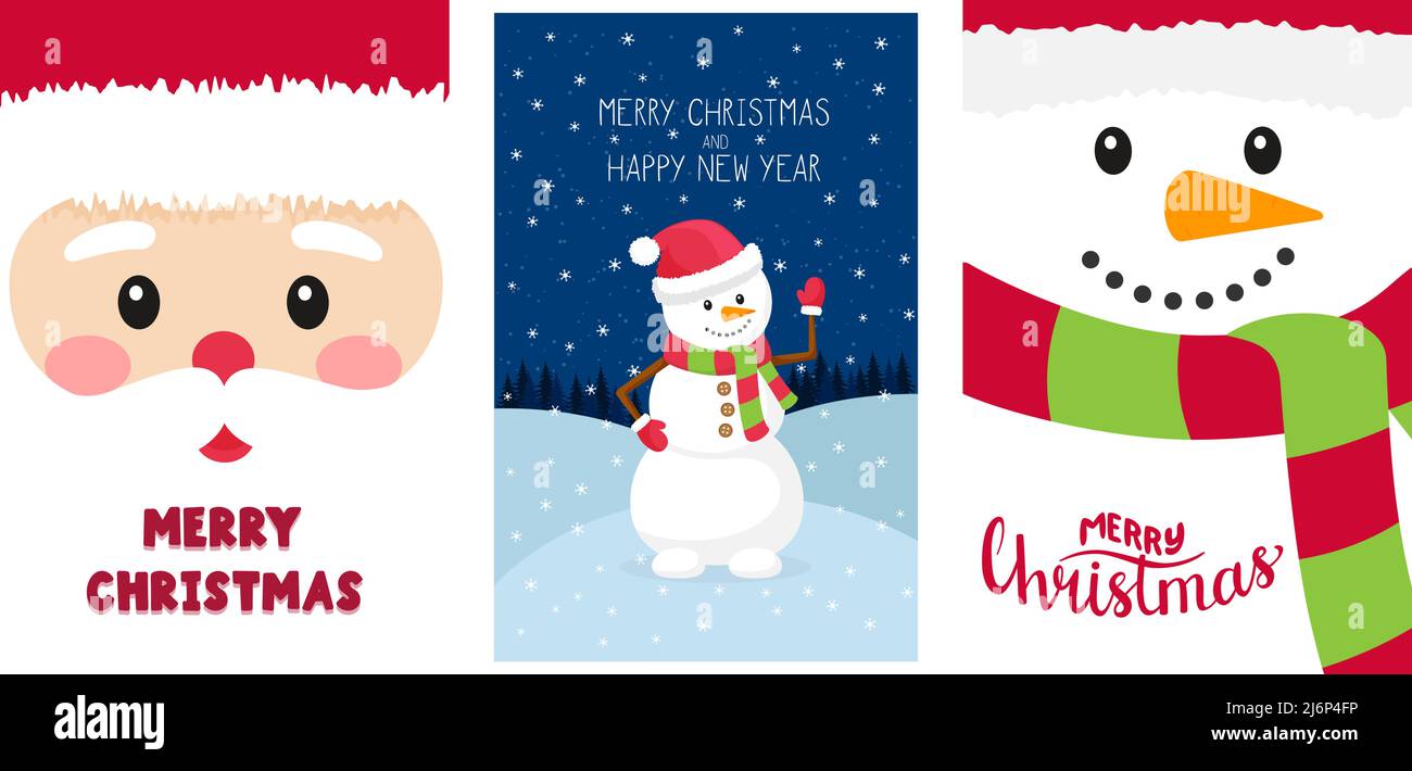 Set di Capodanno, biglietti d'auguri natalizi con le parole Buon Natale. Modelli di biglietti d'auguri verticali in stile piatto con elementi e simboli o Illustrazione Vettoriale