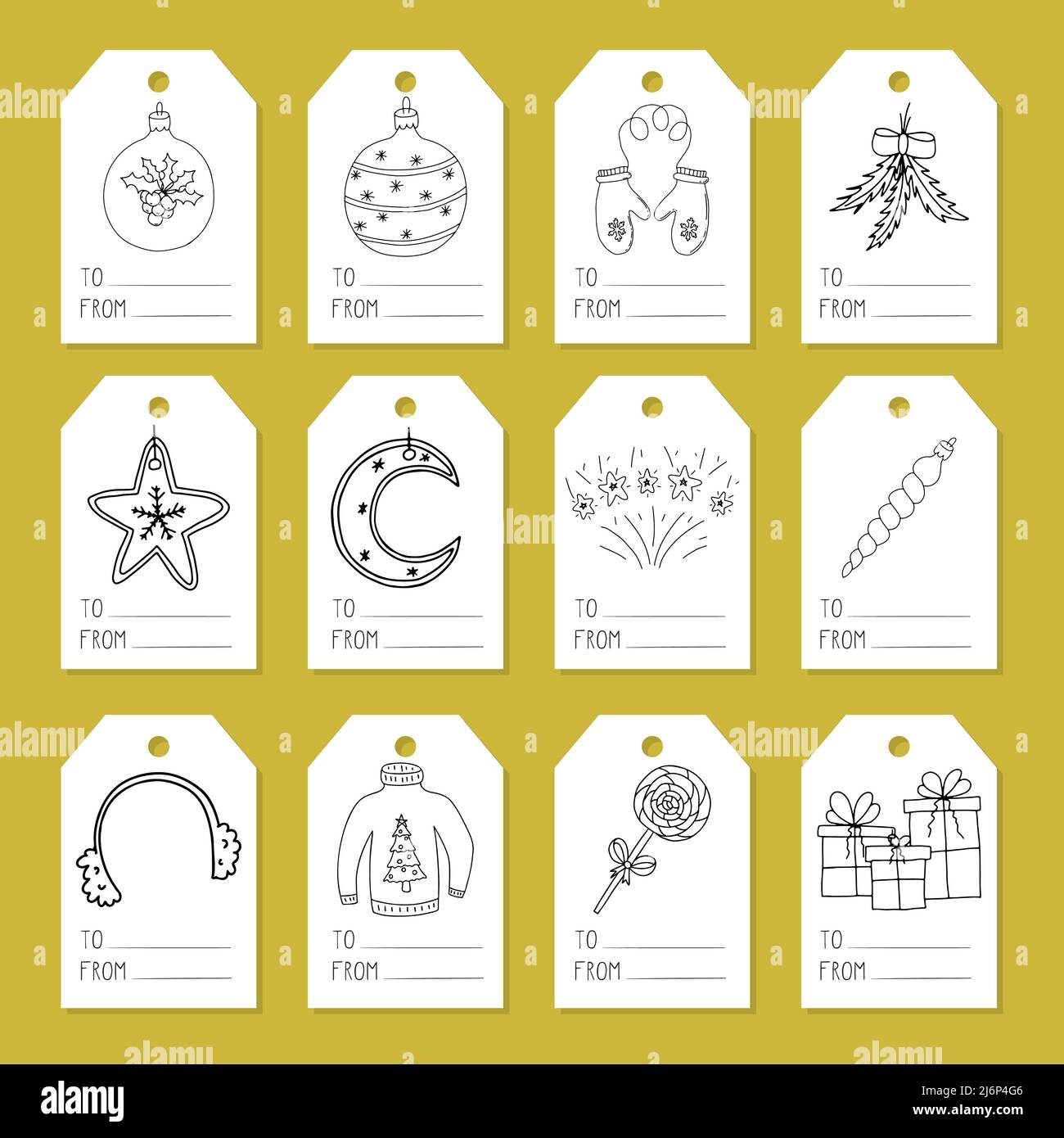 Raccolta di etichette per confezioni regalo. Un set di etichette con elementi a mano per il Natale e l'inverno. Immagine vettoriale in bianco e nero isolata Illustrazione Vettoriale