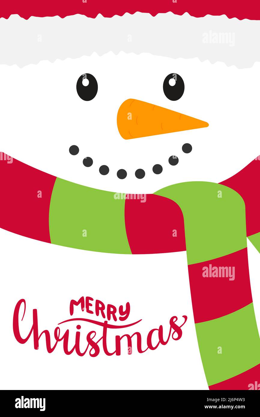 Modello per il nuovo anno verticale, biglietto di auguri di Natale con le parole Buon Natale. Snowman con sciarpa. Concetto di carta in stile piatto con e Illustrazione Vettoriale