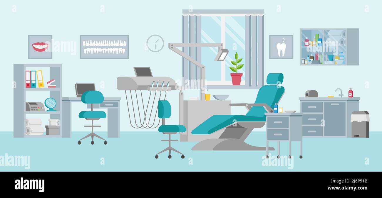 Concetto di riunito dentale con sedia regolabile, lampada, ripiano, lavello e finestra. Ufficio medico in uno stile piatto. Interni e attrezzature moderne nel Illustrazione Vettoriale