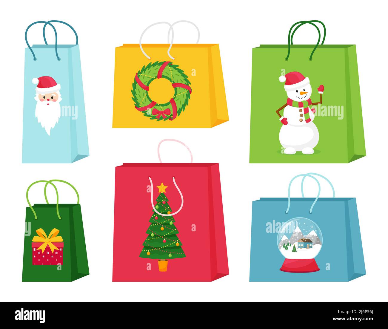 Un set di borse regalo o shopping con elementi di Natale. Illustrazioni carine con caratteri e simboli di Natale. Illustrazioni vettoriali isolate a. Illustrazione Vettoriale