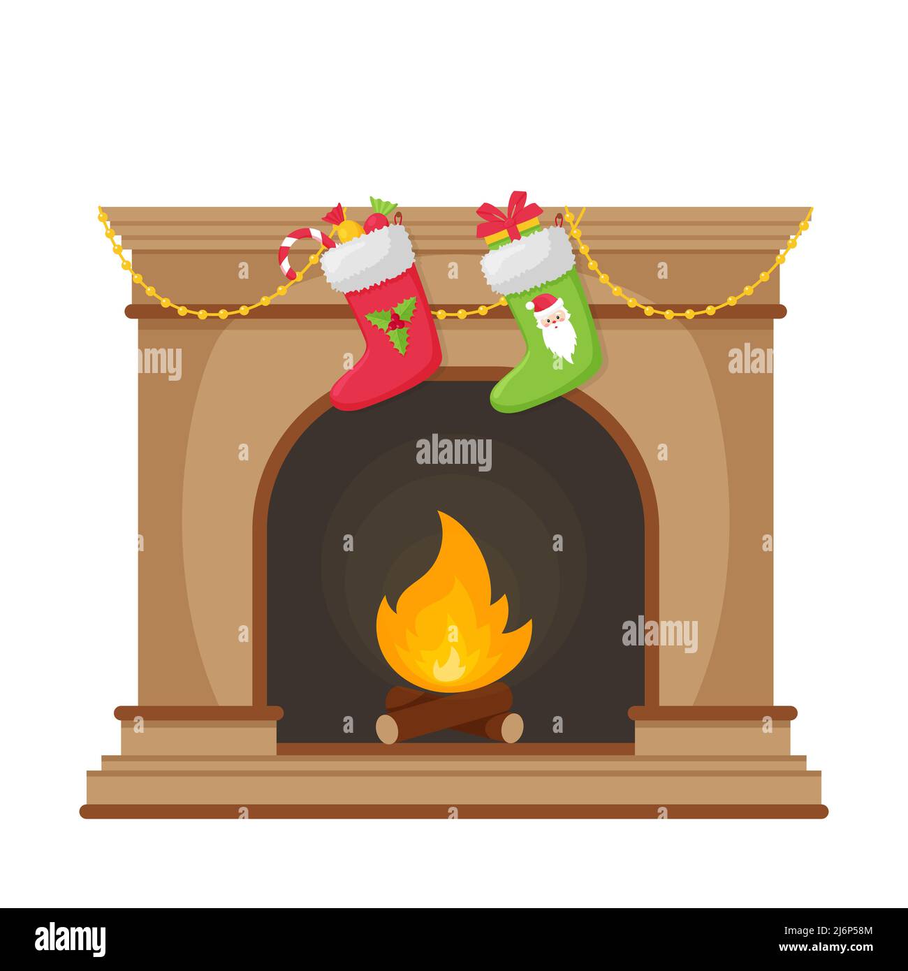 Camino con calze di Natale e fuoco. Illustrazione in stile piatto isolata su sfondo bianco. Elemento di nuovo anno e design di Natale. Templa Illustrazione Vettoriale