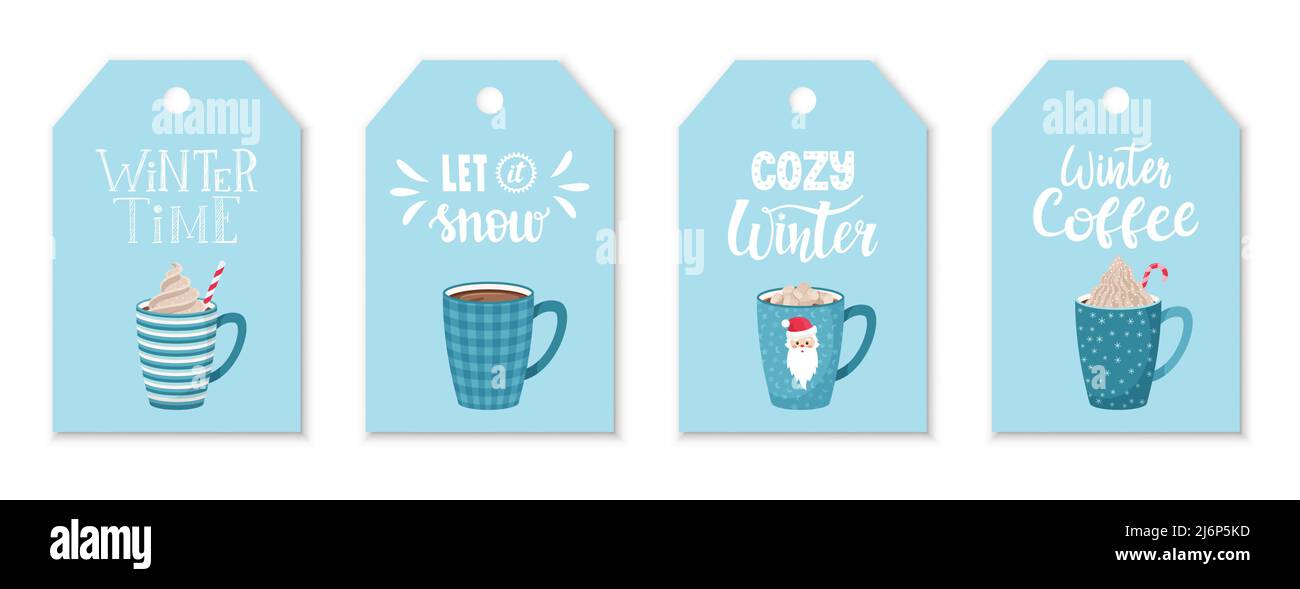Un set di etichette con caffè blu e tazze di cacao con panna montata e scritte a mano sul tema dell'inverno e del caffè. Etichette con lettere a mano su un Illustrazione Vettoriale