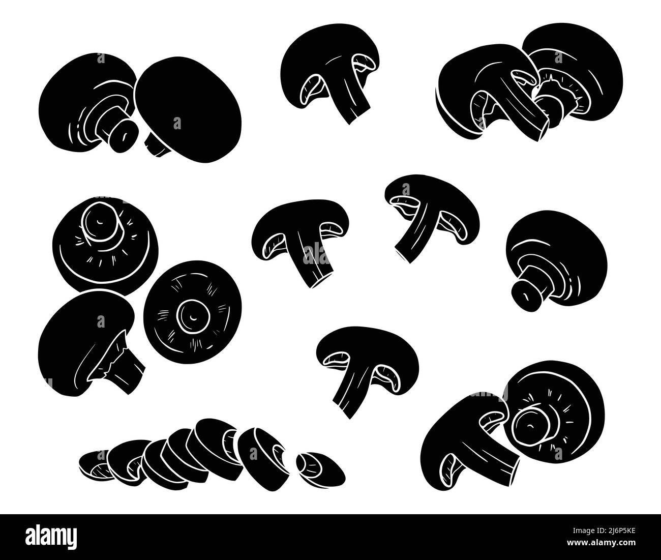 Champignons disegnati a mano. Silhouette di funghi isolati su sfondo bianco. Interi, tagliati, tagliati, tagliati a fette, a metà. Illustrazione vettoriale in bianco e nero per fo Illustrazione Vettoriale