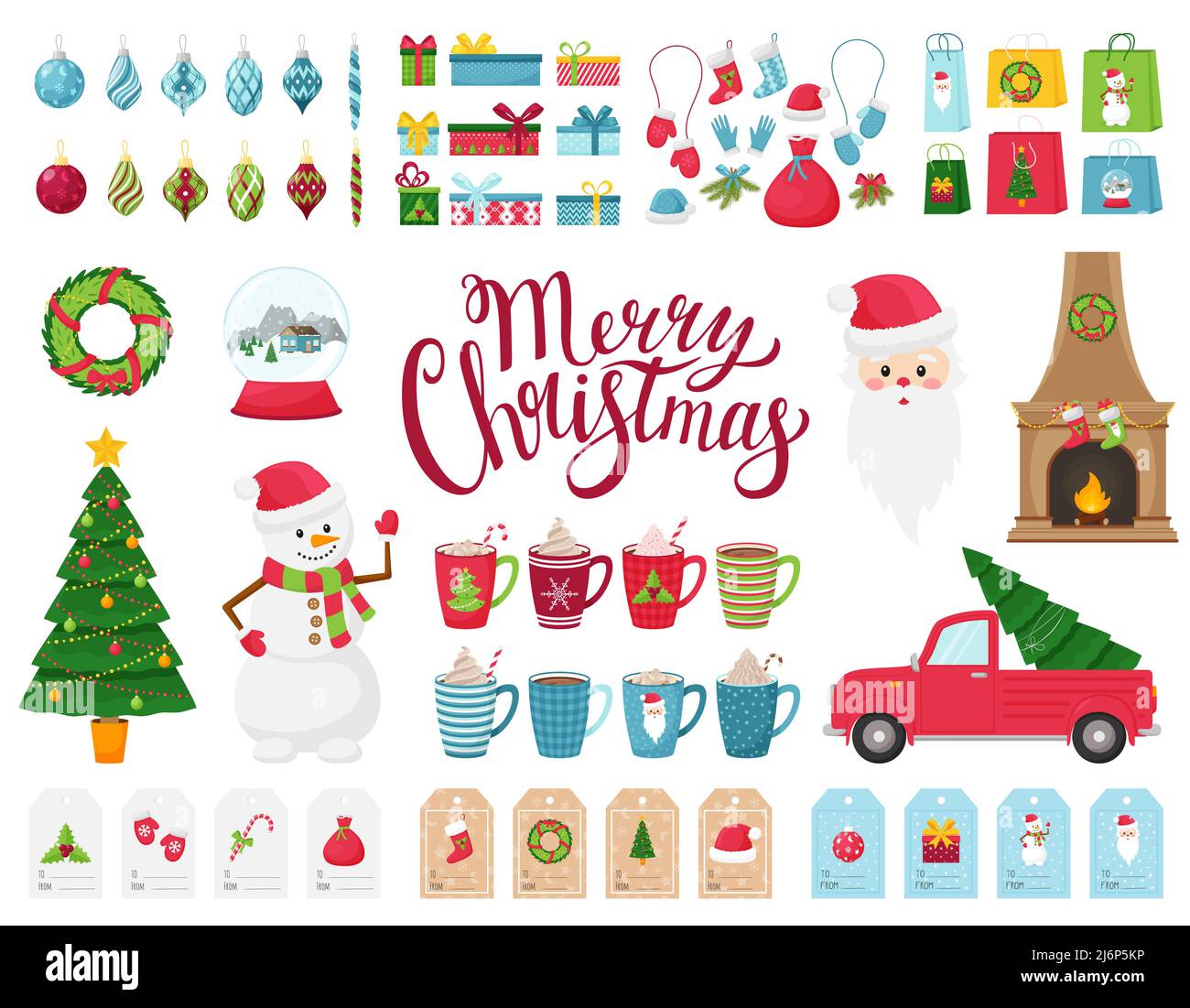 Un ampio set di elementi di design sul tema dell'inverno e del Natale. Una collezione di decorazioni in stile piatto. Personaggi cartoni animati, albero di Natale, regali Illustrazione Vettoriale