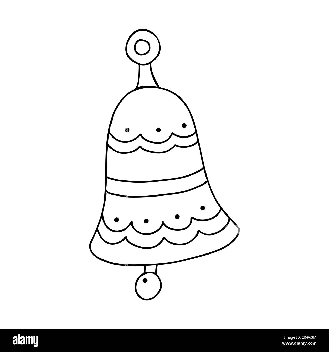 Una campana con ornamento natalizio in stile Doodle. Lo schizzo è disegnato a mano e isolato su bianco. Elemento di nuovo anno e design di Natale. Outlin Illustrazione Vettoriale