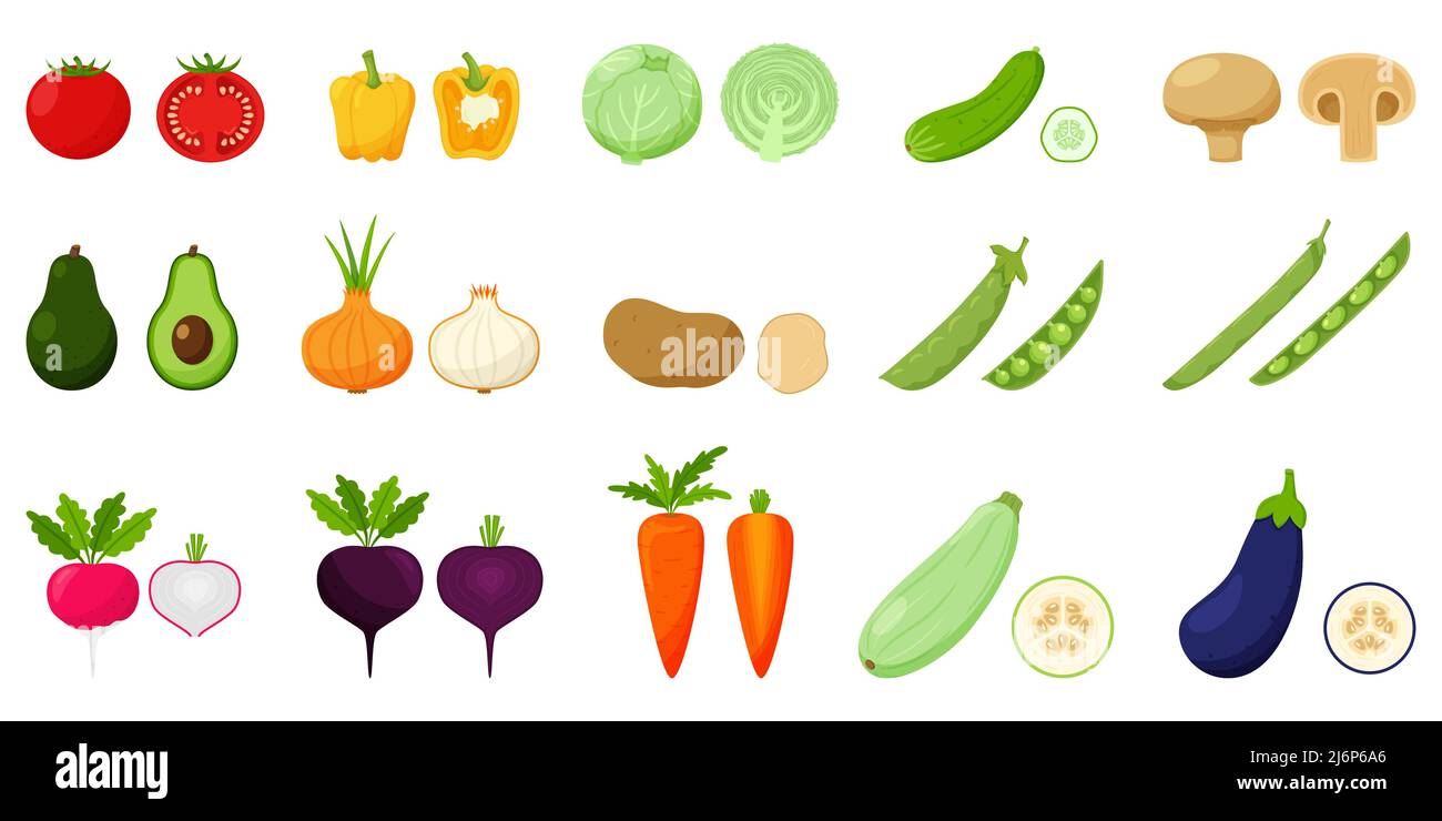 Set di verdure. Coppie di verdure intere e mezze in una sezione trasversale. Piselli, fagioli, avocado, verdure di radice. Cibo, verdure in stile piatto. ISO Illustrazione Vettoriale