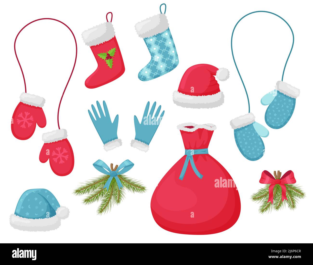 Una collezione di elementi piatti. Calza di Natale, guanti, cappello e borsa di Babbo Natale, rami di abete. Elementi di design per schede di nuovo anno, advertisin Illustrazione Vettoriale