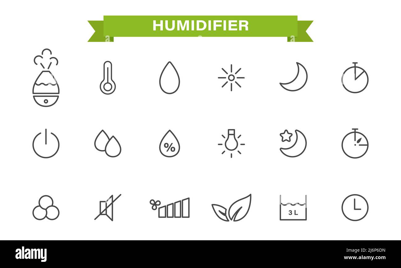 Icone impostate sul tema dell'umidificatore. Stile lineare. Umidificatore, umidità dell'aria, timer, temperatura, retroilluminazione, modalità silenziosa, modalità notturna, capacità Illustrazione Vettoriale