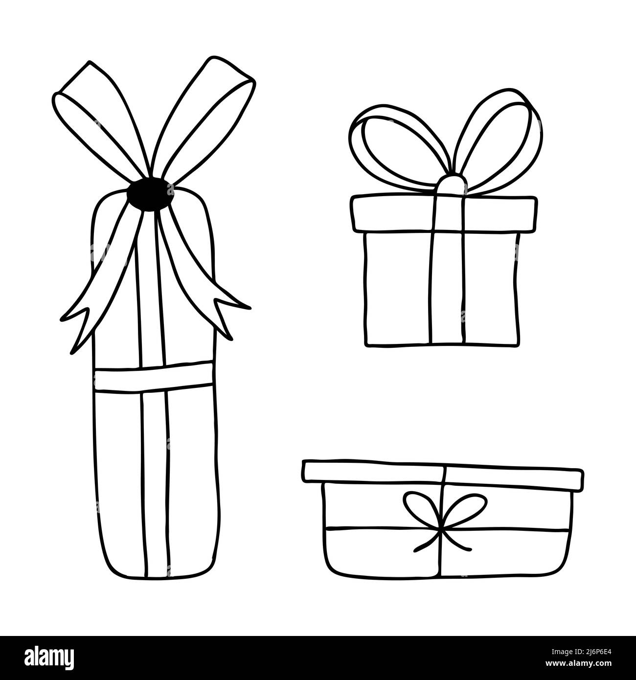 Set di confezioni regalo con arco in stile Doodle. Lo schizzo è disegnato a mano e isolato su sfondo bianco. Elemento di nuovo anno e design di Natale. O Illustrazione Vettoriale
