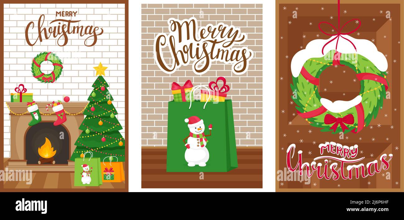Set di Capodanno, biglietti d'auguri natalizi con le parole Buon Natale. Modelli di biglietti d'auguri verticali in stile piatto con elementi e simboli o Illustrazione Vettoriale