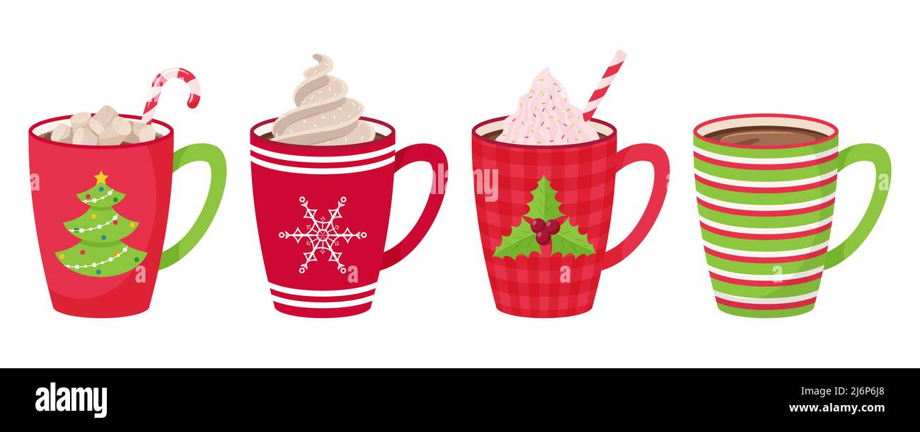 Set di tazze con caffè, tè, cacao con marshmallow, paglia e panna montata e guarnizione decorativa. Bevande calde in tazze con motivi di Natale Illustrazione Vettoriale