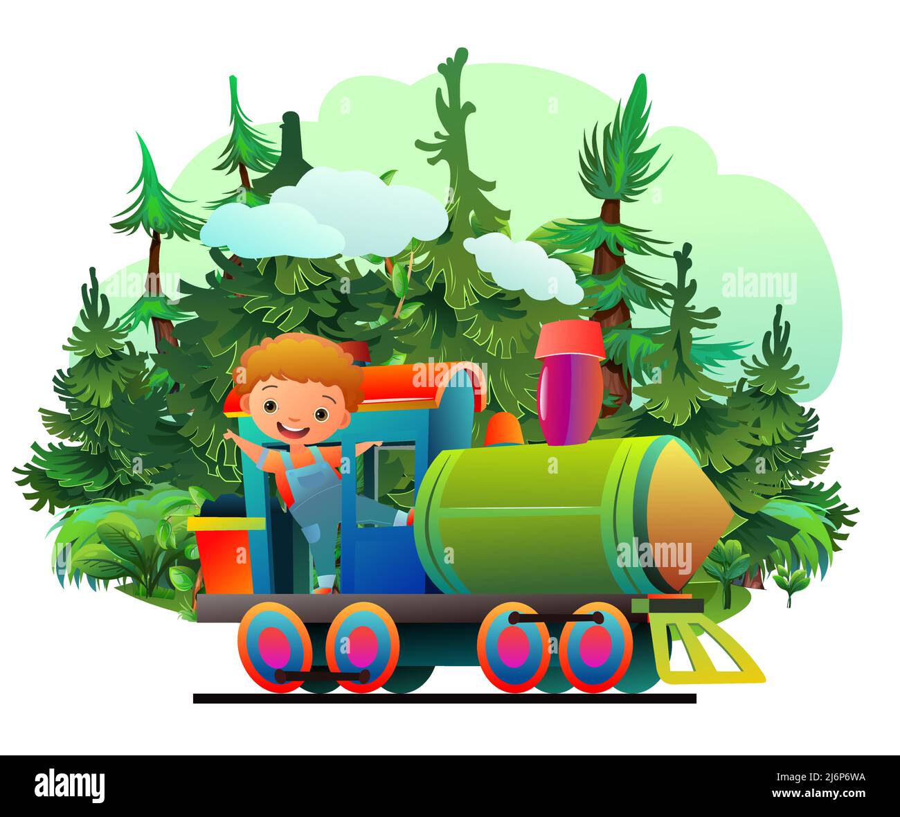 Giro in locomotiva sulla ferrovia. Illustrazione in stile cartone animato. Foresta di conifere con alberi di abete. Simpatico bambino. Ragazzo alla guida. Isolato su sfondo bianco Illustrazione Vettoriale