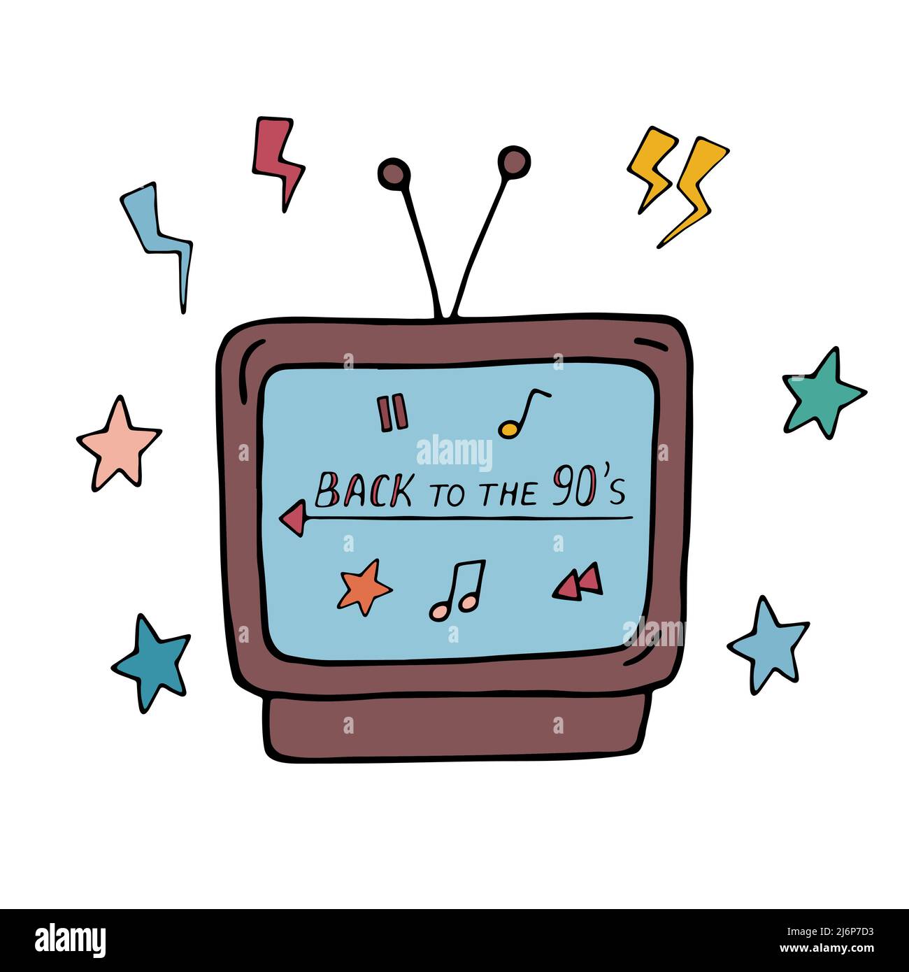 Doodle retro TV dal 1990s isolato. Televisione vintage con testo Torna al 90s. Illustrazione di un doodle vettoriale colorato su sfondo bianco. Illustrazione Vettoriale