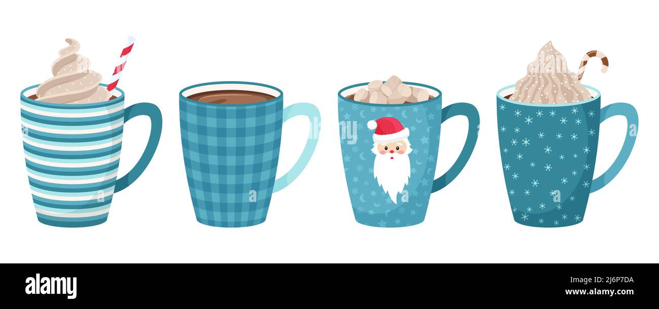 Set di tazze con caffè, tè, cacao con marshmallow, paglia e panna montata e guarnizione decorativa. Bevande calde in tazze con motivi di Natale e e. Illustrazione Vettoriale