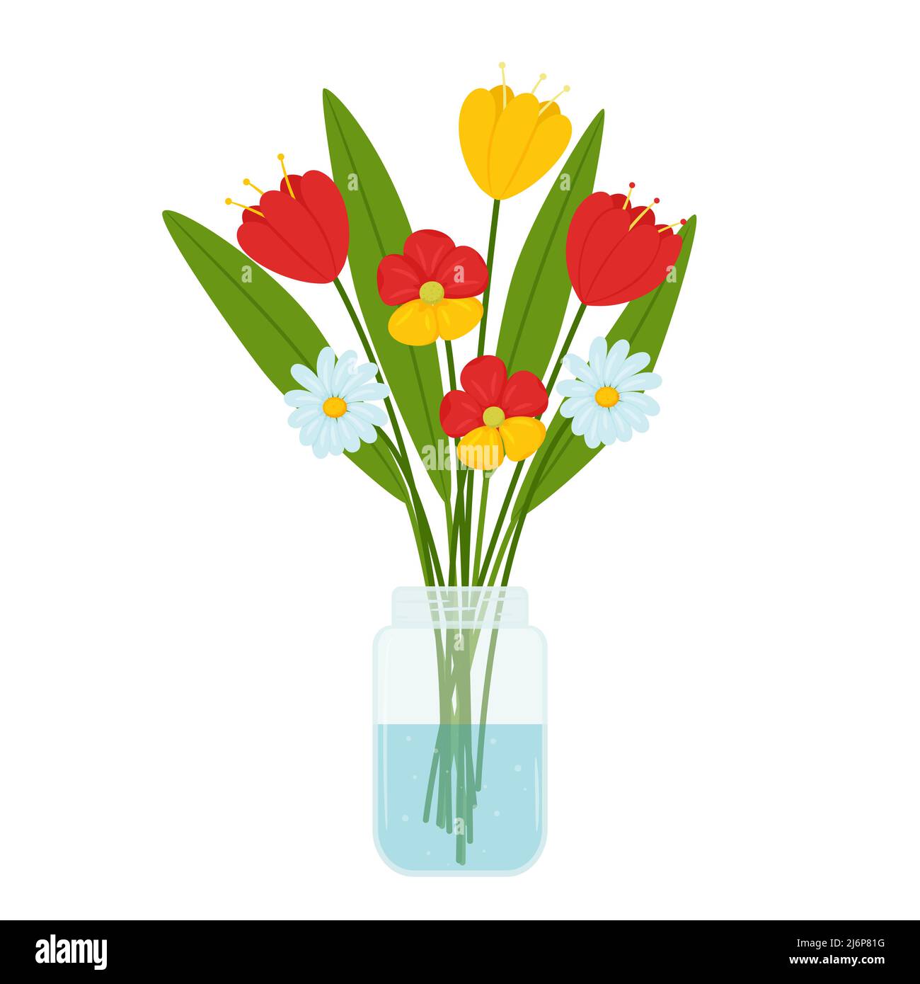 Un bouquet di fiori semplici di tulipani e margherite in un vaso trasparente di vetro con acqua. Decorazione casa luminosa. Bouquet estivo. Vettore colore figura Illustrazione Vettoriale