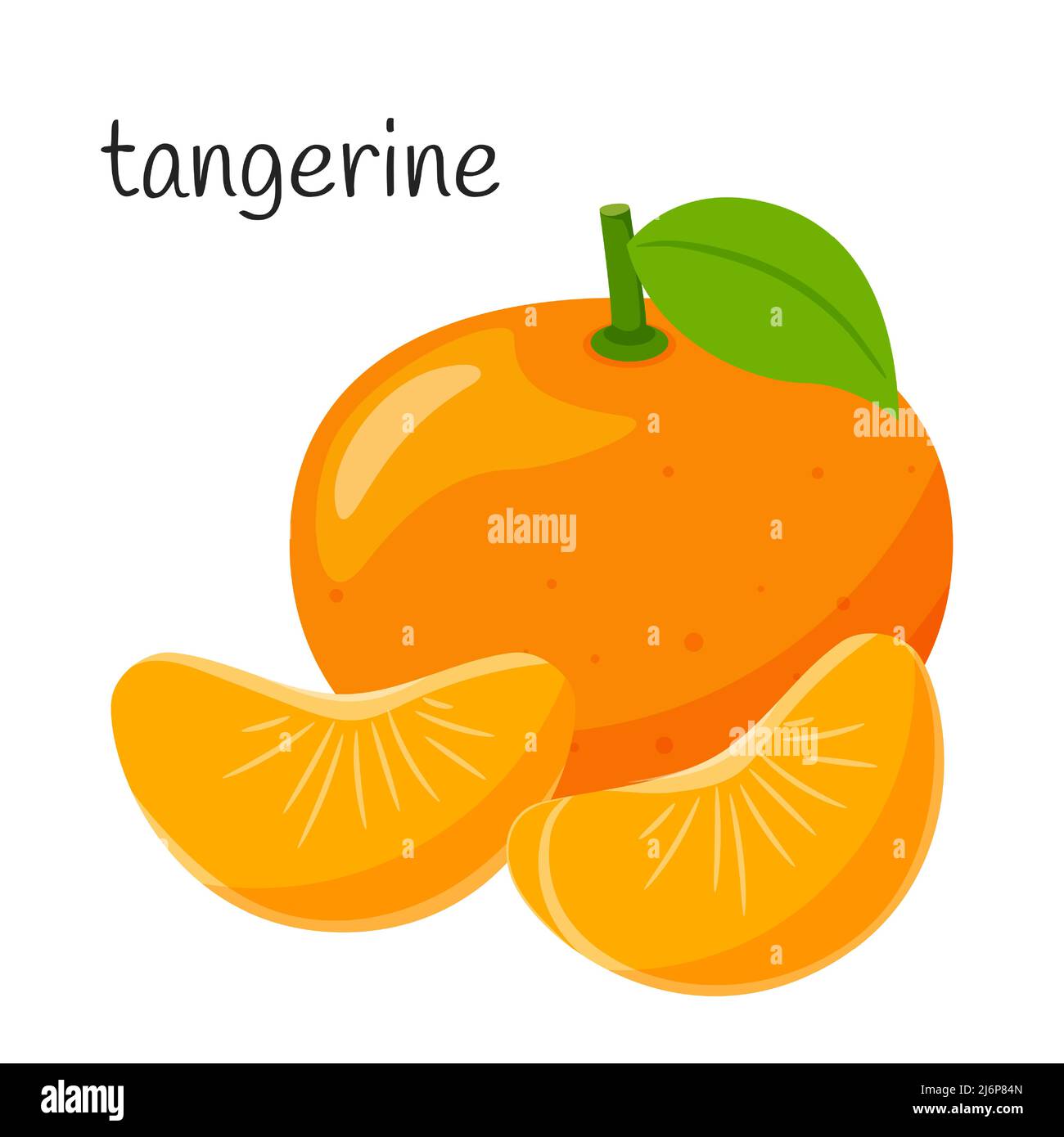 Mandarino intero con foglie e due fette l'una accanto all'altra. Frutta, bacche icona. Design piatto. Illustrazione vettoriale a colori isolata su un backgroun bianco Illustrazione Vettoriale