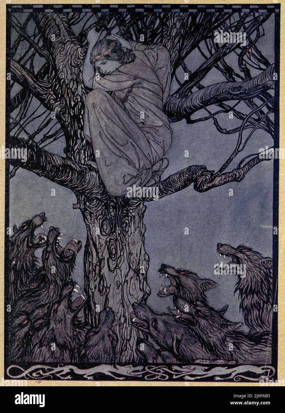 Ha guardato con la guai arrabbiata alla straining e snarling orda qui sotto dalla storia IL BOSCHIMENTO DI BECFOLA dal libro ' fiabe irlandesi ' di James Stephens, illustrato da Arthur Rackham Editore la Macmillan società Londra 1920 Foto Stock