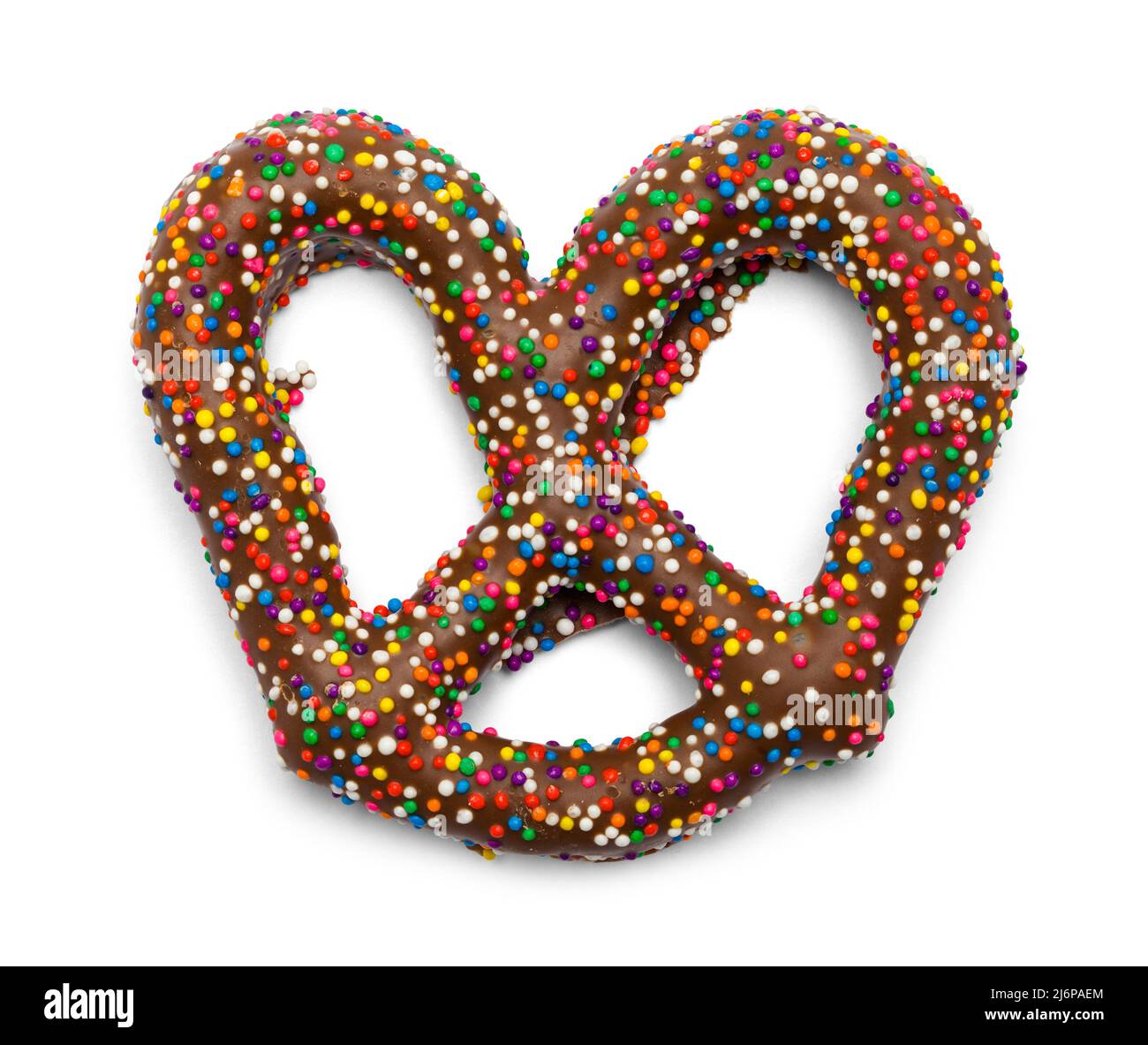 Pretzel ricoperti di cioccolato in Sprinkles Cut out su White. Foto Stock