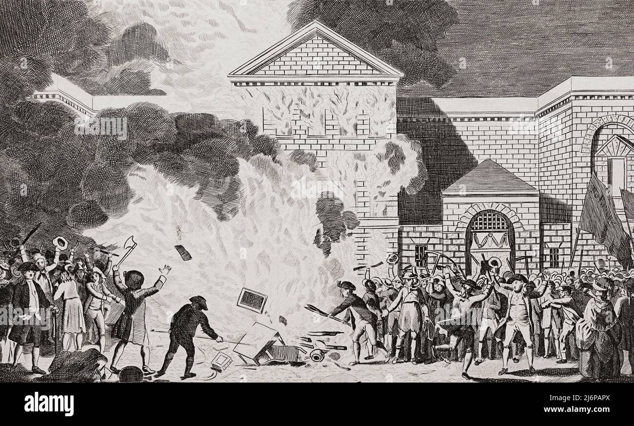 I partecipanti ai disordini di Gordon nel giugno 1780, alimentati dall'ostilità anti-cattolica, attaccano la prigione Newgate di Londra. Dopo un'incisione del New, imparziale e completa History of England di Edward Barnard, pubblicata a Londra nel 1783. Foto Stock