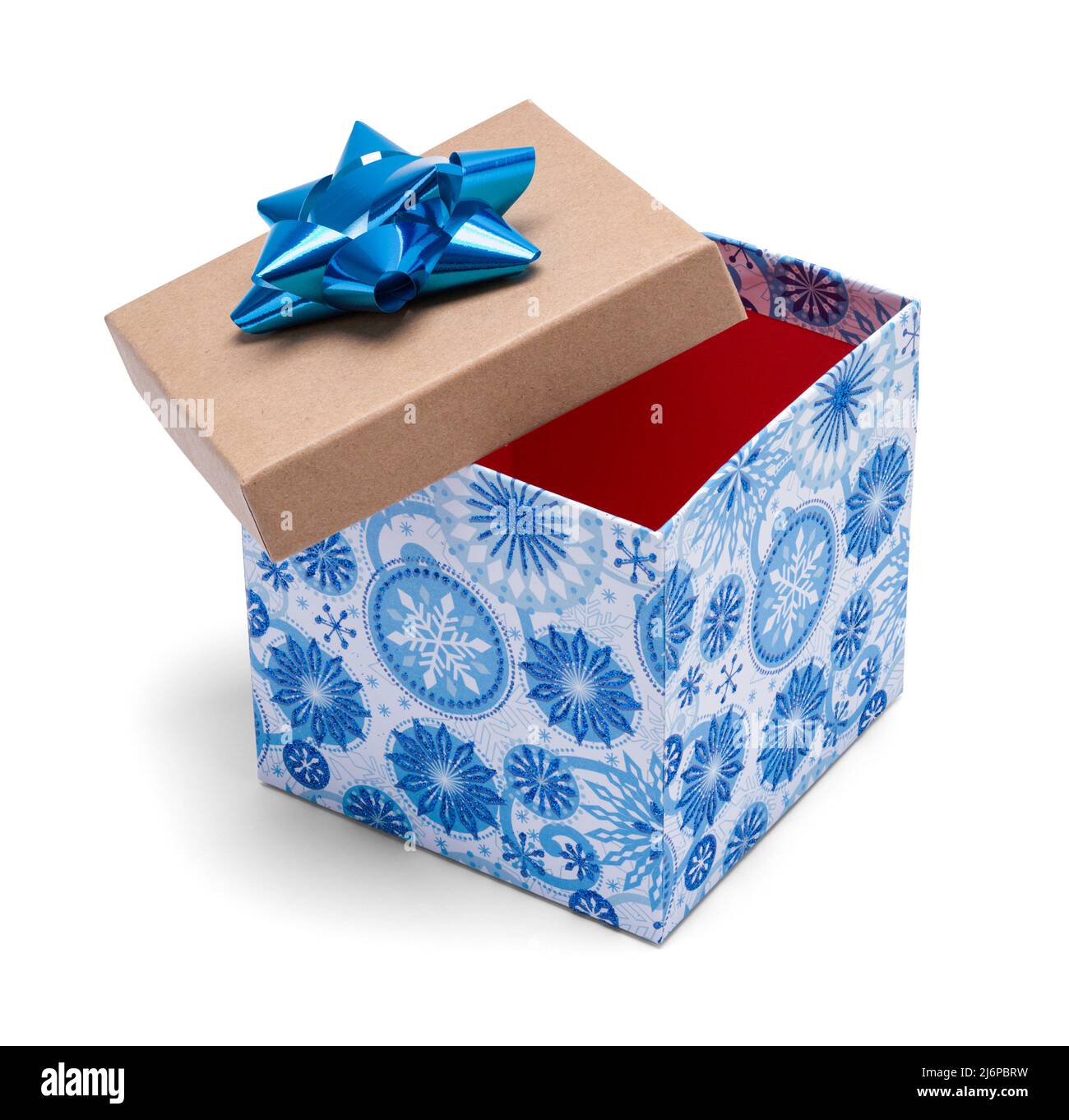 Apri Blue Gift Box Cut out su White. Foto Stock