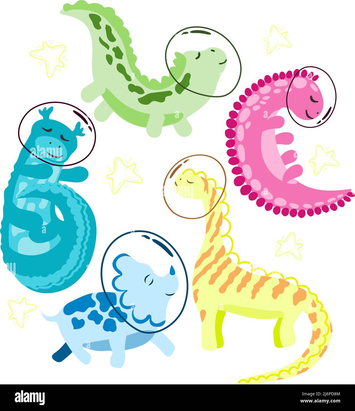 Set di carini astronauti dinosauri. Vettore in stile cartoon. Dinosauri nello spazio. Animali multicolore con stelle su sfondo bianco Illustrazione Vettoriale