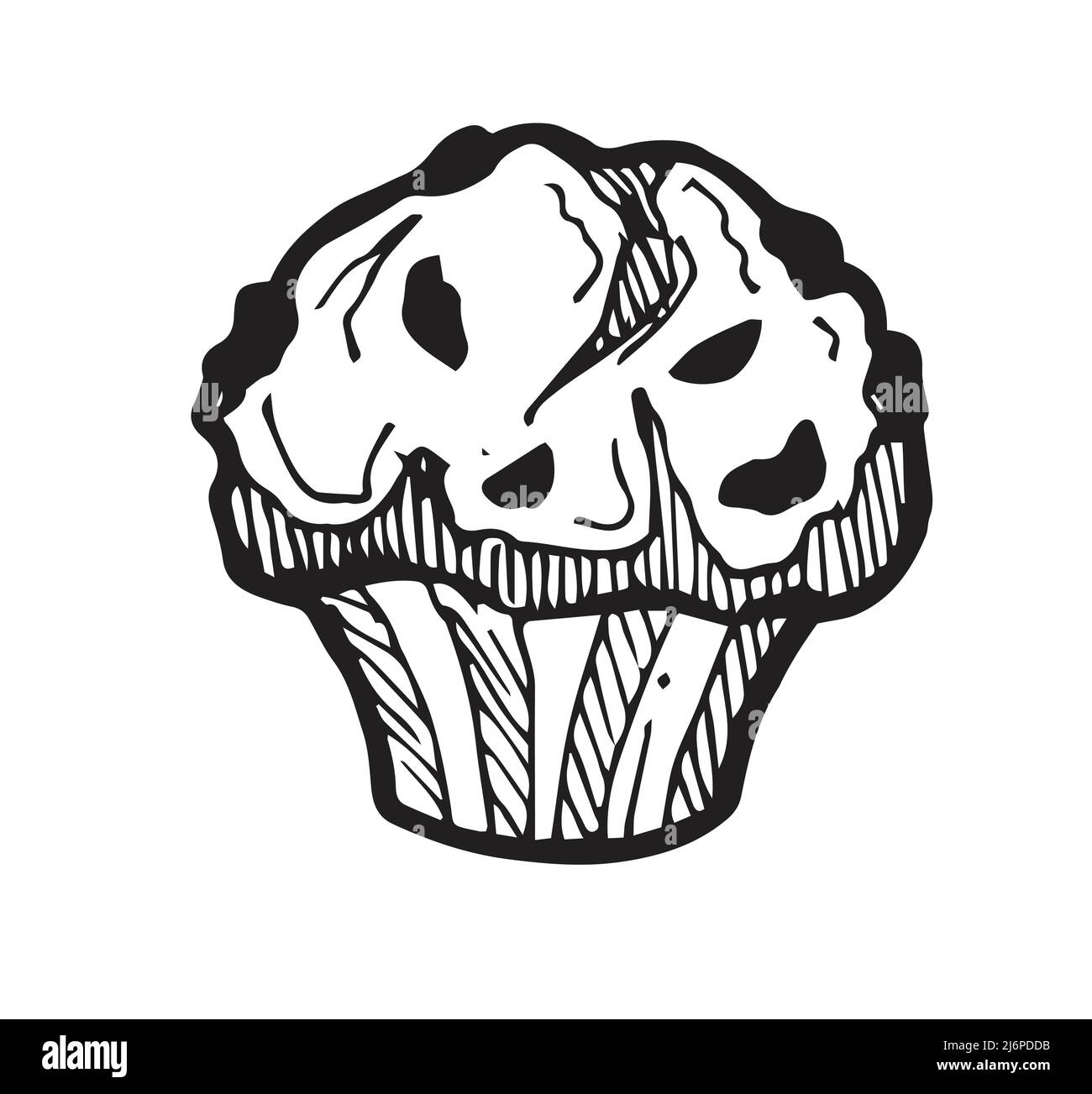 Cupcake da forno con striature di crema all'uvetta. Pasticceria bianca e dolce. Piatto pronto. Il cibo era delizioso. Disegno a mano del contorno. Isolato su bianco Illustrazione Vettoriale