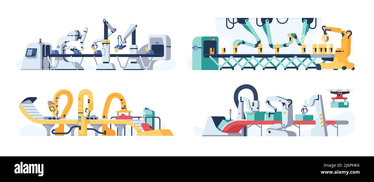 Linea di montaggio. Processo automatico di produzione robotica. Macchine confezionatrici elettroniche con gru idrauliche e manipolatori. Fabbrica Illustrazione Vettoriale