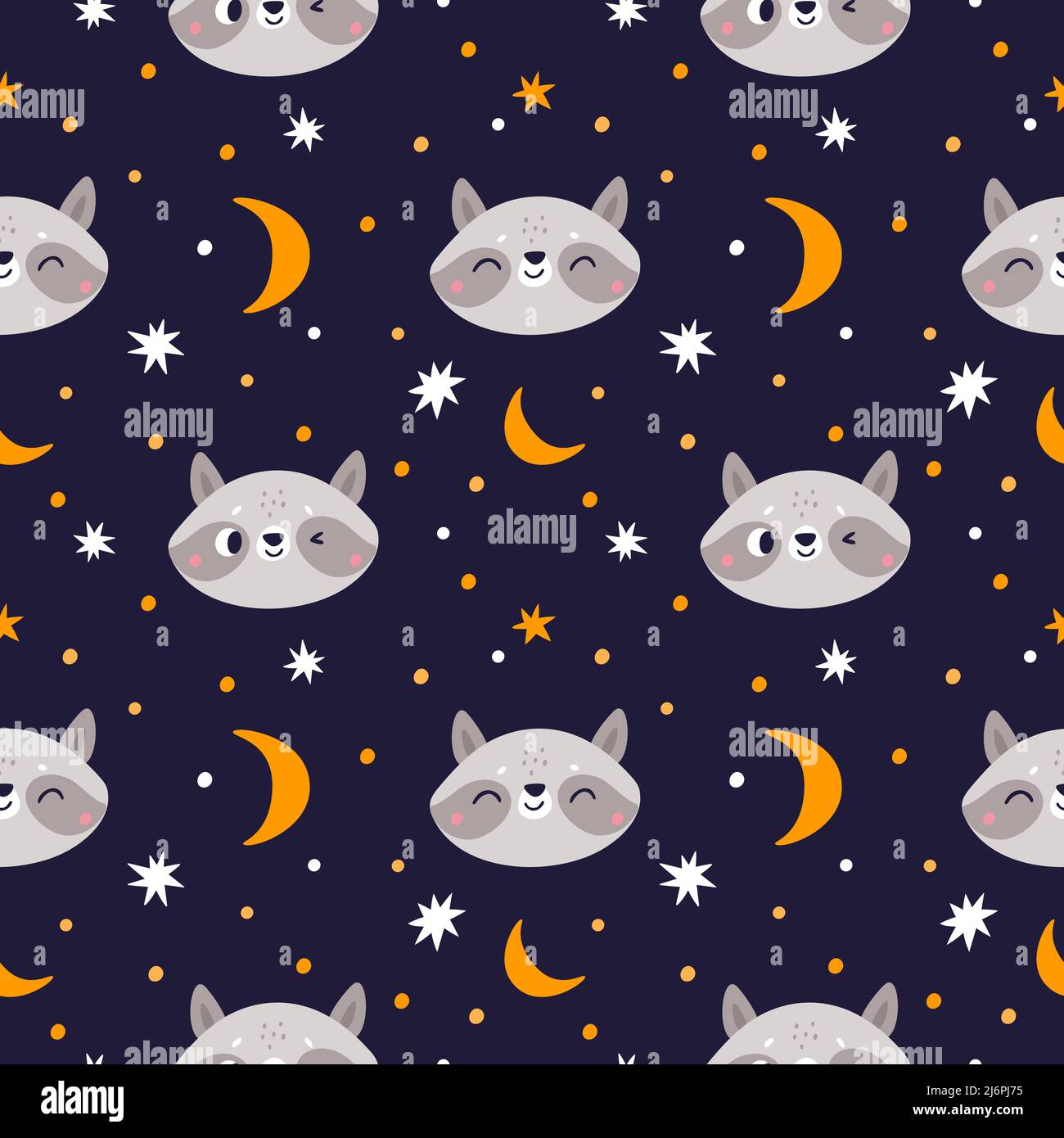 Divertente motivo raccoon senza cuciture. Piccoli animali carini sorridenti volti. Personaggi animati della fauna selvatica. Fumetto mazzle mammifero. Stelle e punti. Cielo notturno. Felice Illustrazione Vettoriale