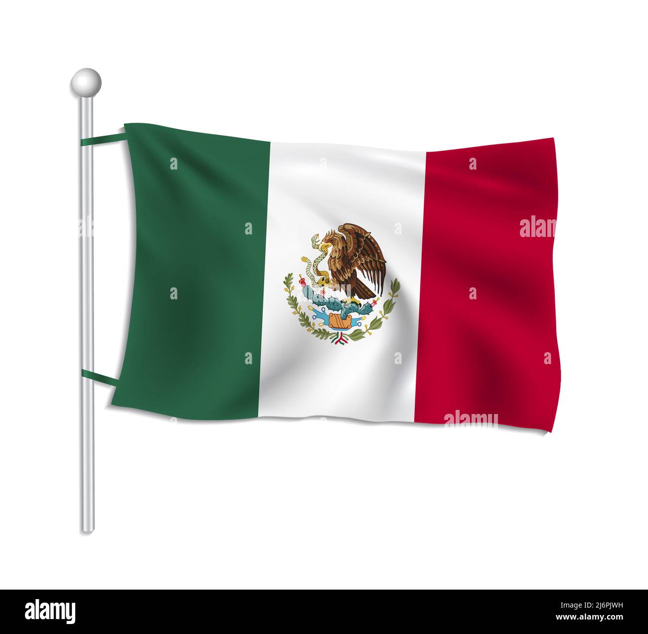 Onda di bandiera del Messico su un flagpole, sfondo bianco raster Foto Stock