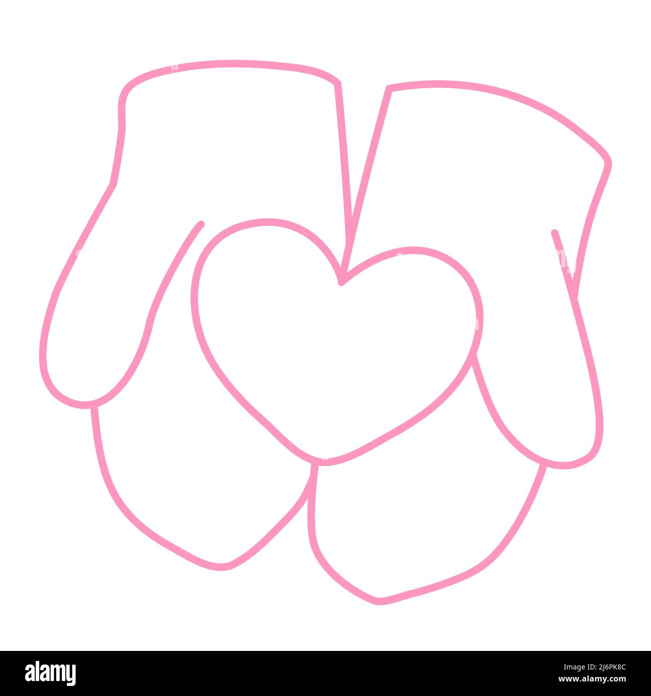 Cuore nelle mani in mittens, illustrazione di arte di linea. Stampa tratto, contorno. Regali per San Valentino, Mother Day, compleanno, matrimonio. Amore e inverno Illustrazione Vettoriale