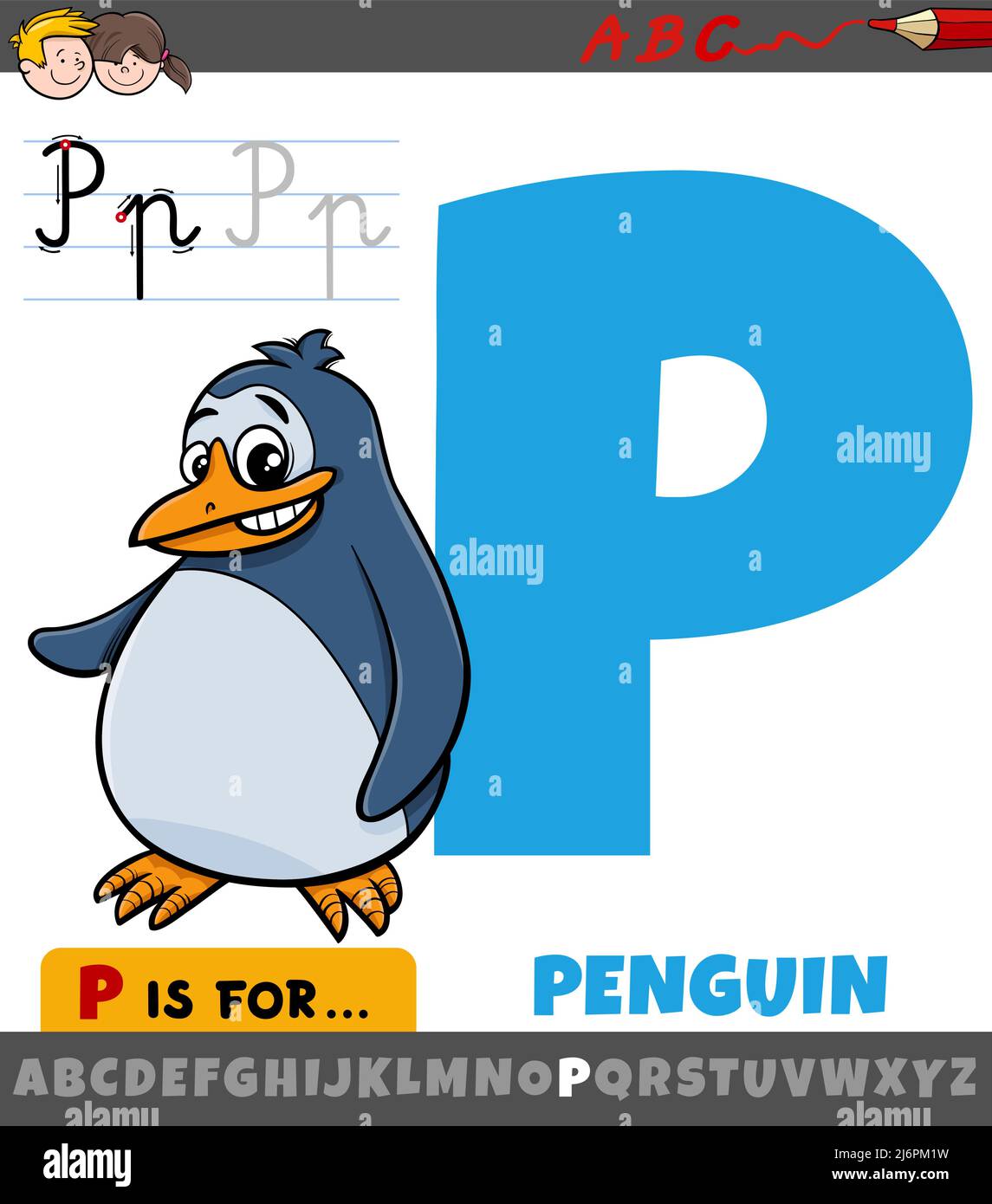 Illustrazione di cartoni animati educativi della lettera P dall'alfabeto con  il carattere animale dell'uccello del pinguino Immagine e Vettoriale - Alamy