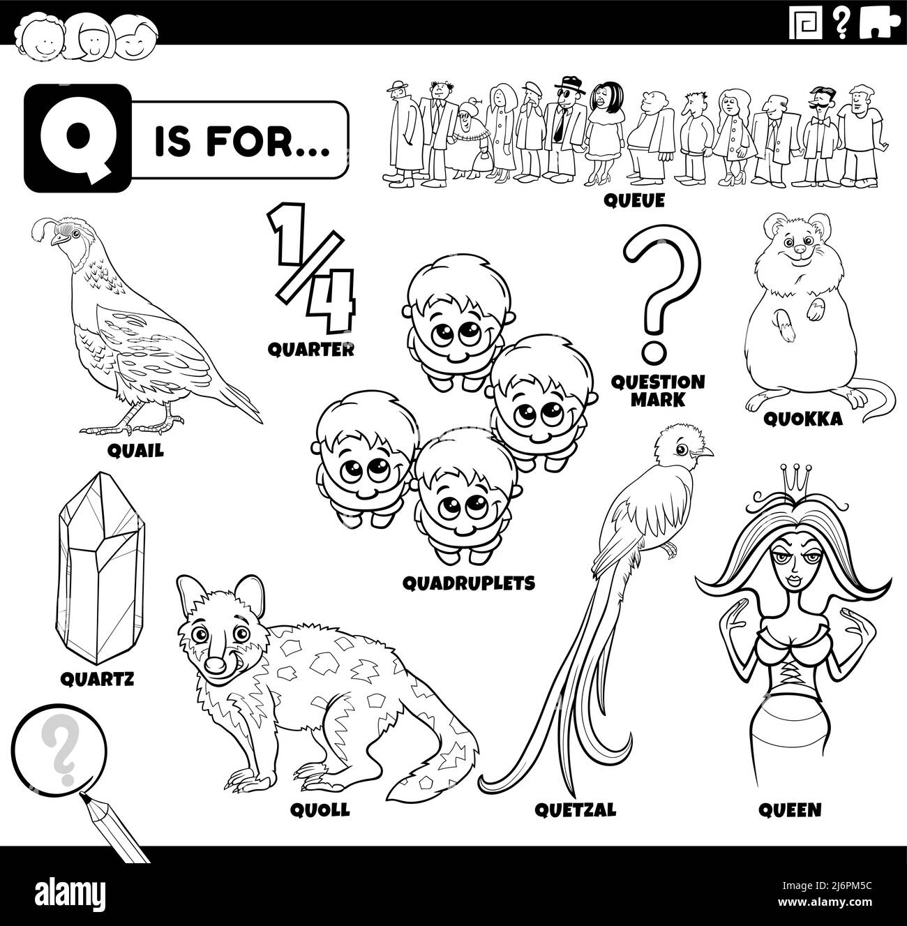 Illustrazione di cartoni animati didattici in bianco e nero per bambini con caratteri fumetti e oggetti impostati per la pagina di libro da colorare lettera Q Illustrazione Vettoriale