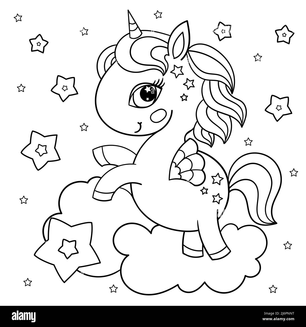 unicorno bambino su una nuvola con stelle. Disegno del contorno lineare in bianco e nero. Vettore Illustrazione Vettoriale