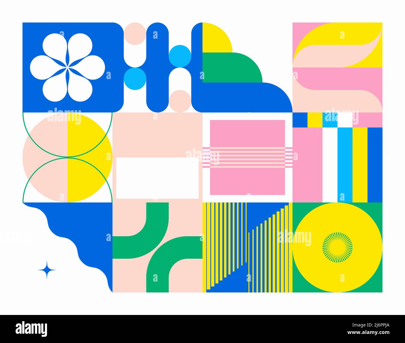 Grafica vettoriale neo-Geo ispirata al design estetico astratto modernista. Collage moderno geometrico per poster, copertina, arte, presentazione Illustrazione Vettoriale