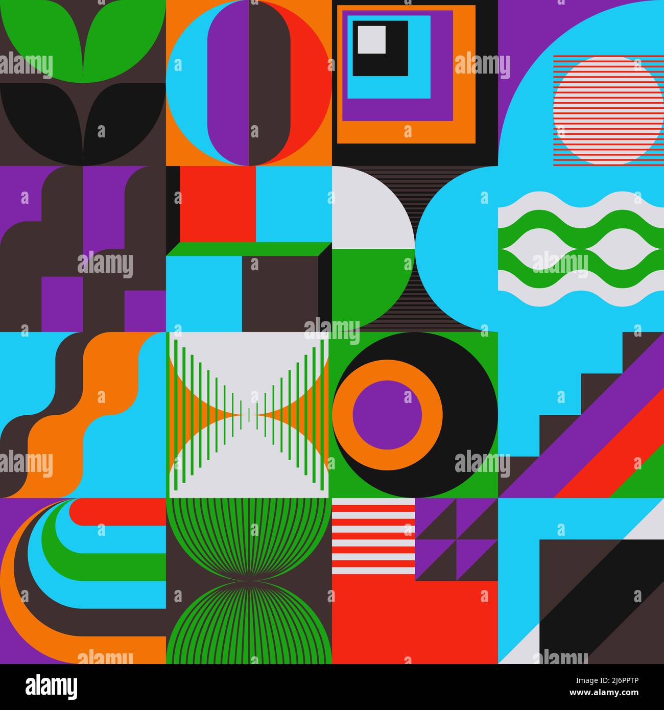 Grafica vettoriale astratta colorata al neon realizzata con varie forme geometriche ed elementi. Grafica digitale per poster, copertina, arte, presentazione Illustrazione Vettoriale