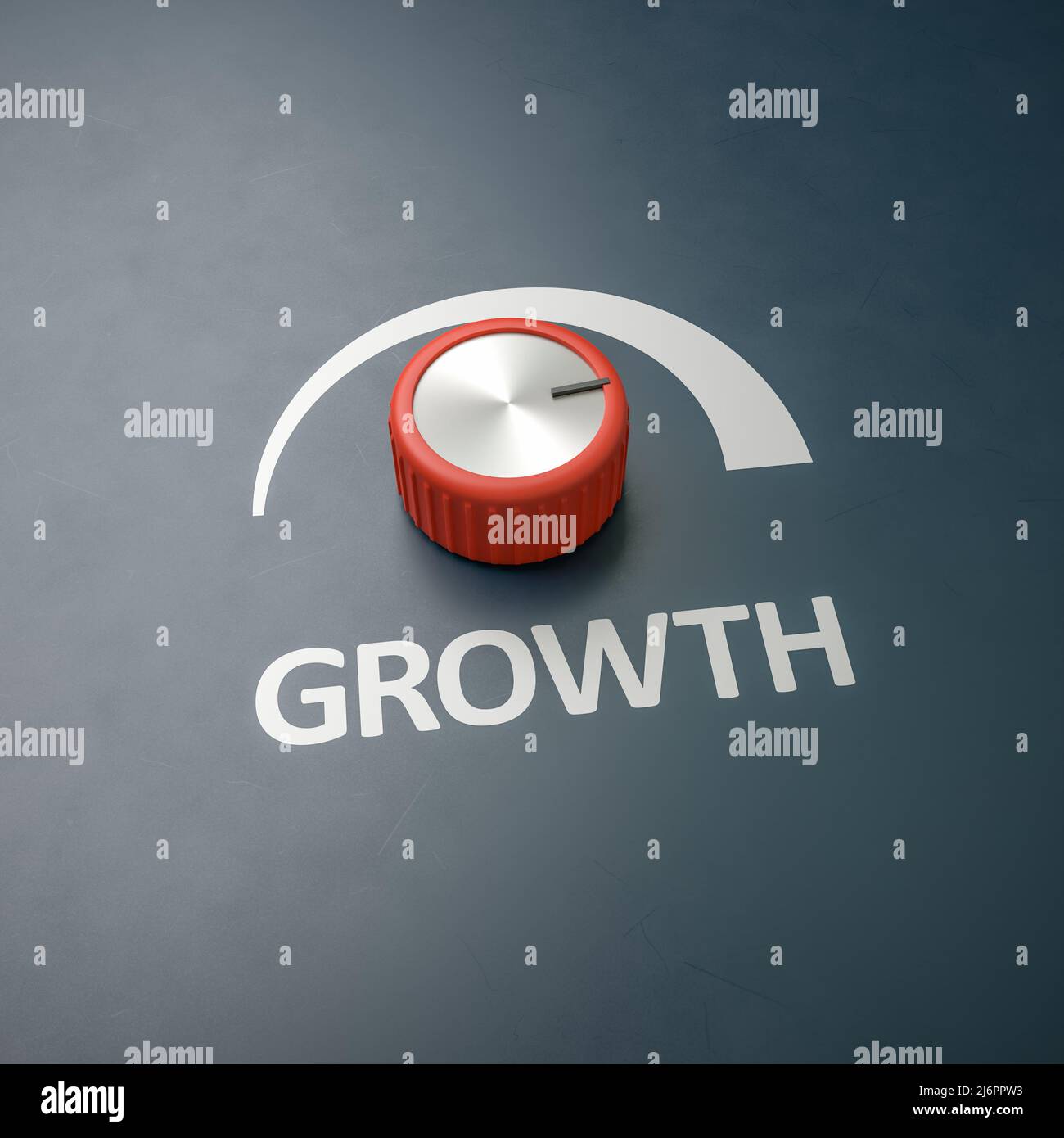 La manopola rossa è stata attivata su scala completa con la parola 'Growth' come etichetta - concetto per le misure per aumentare la crescita. Spazio di copia intorno per un ritaglio migliore Foto Stock