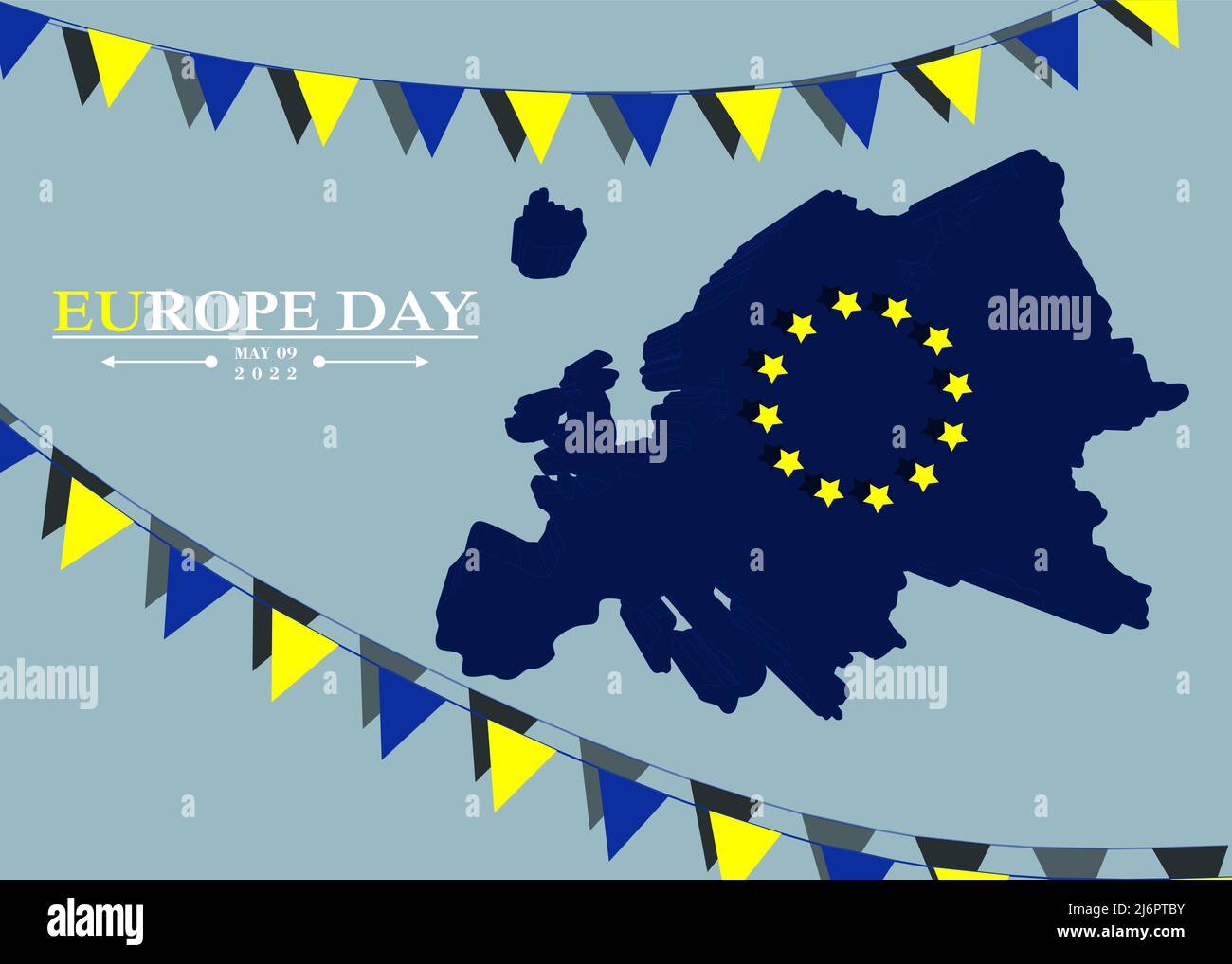 Giornata dell'Europa 9th maggio. Europe Map un concetto di bandiera. Vector background Design, banner, poster o cartellino con bandiere e scritte. Pace e unità in Europa c Illustrazione Vettoriale